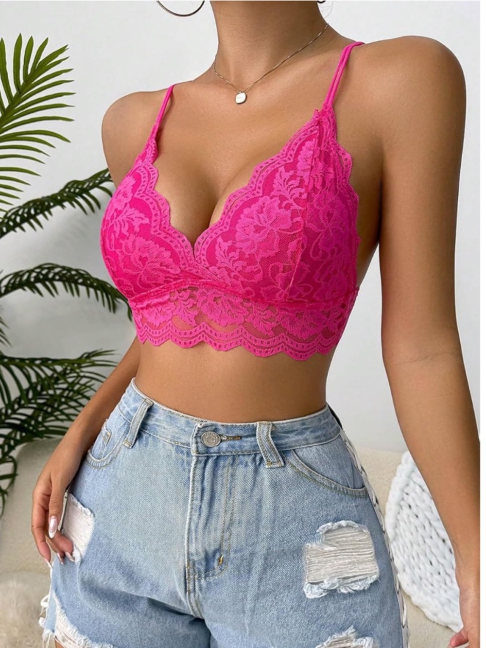 Women's Floral Lace Scallop Trim Bralette Mesh Bra Crop Cami Top in Hot Pink